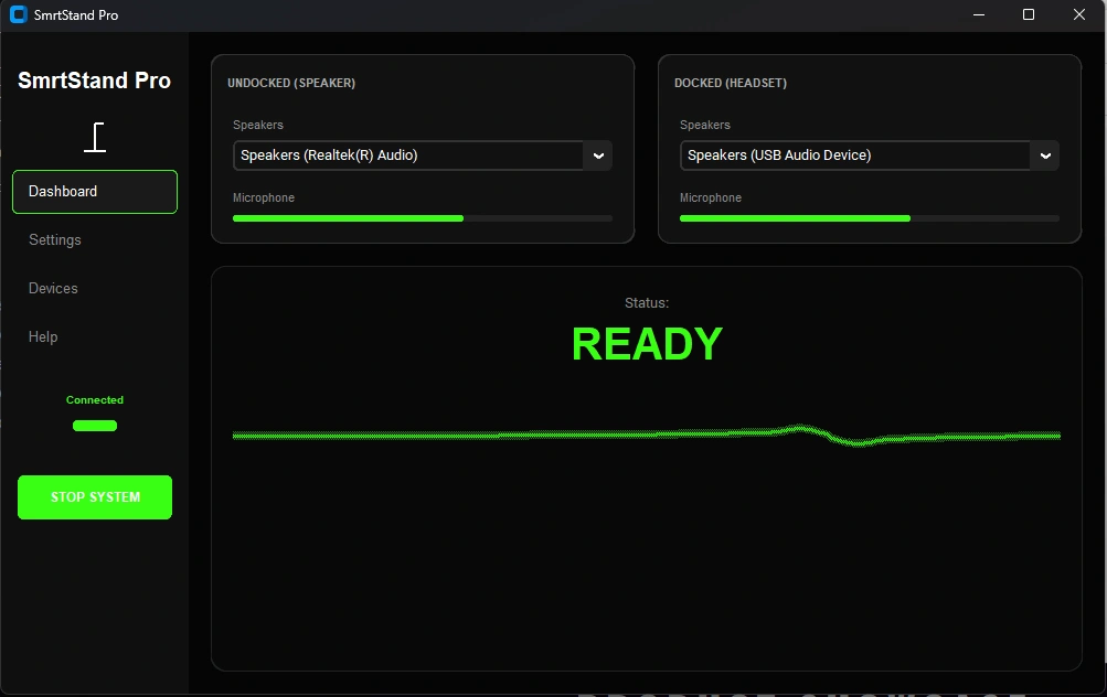 SmrtStand Pro companion app dashboard showing speaker and headset routing with a live READY status