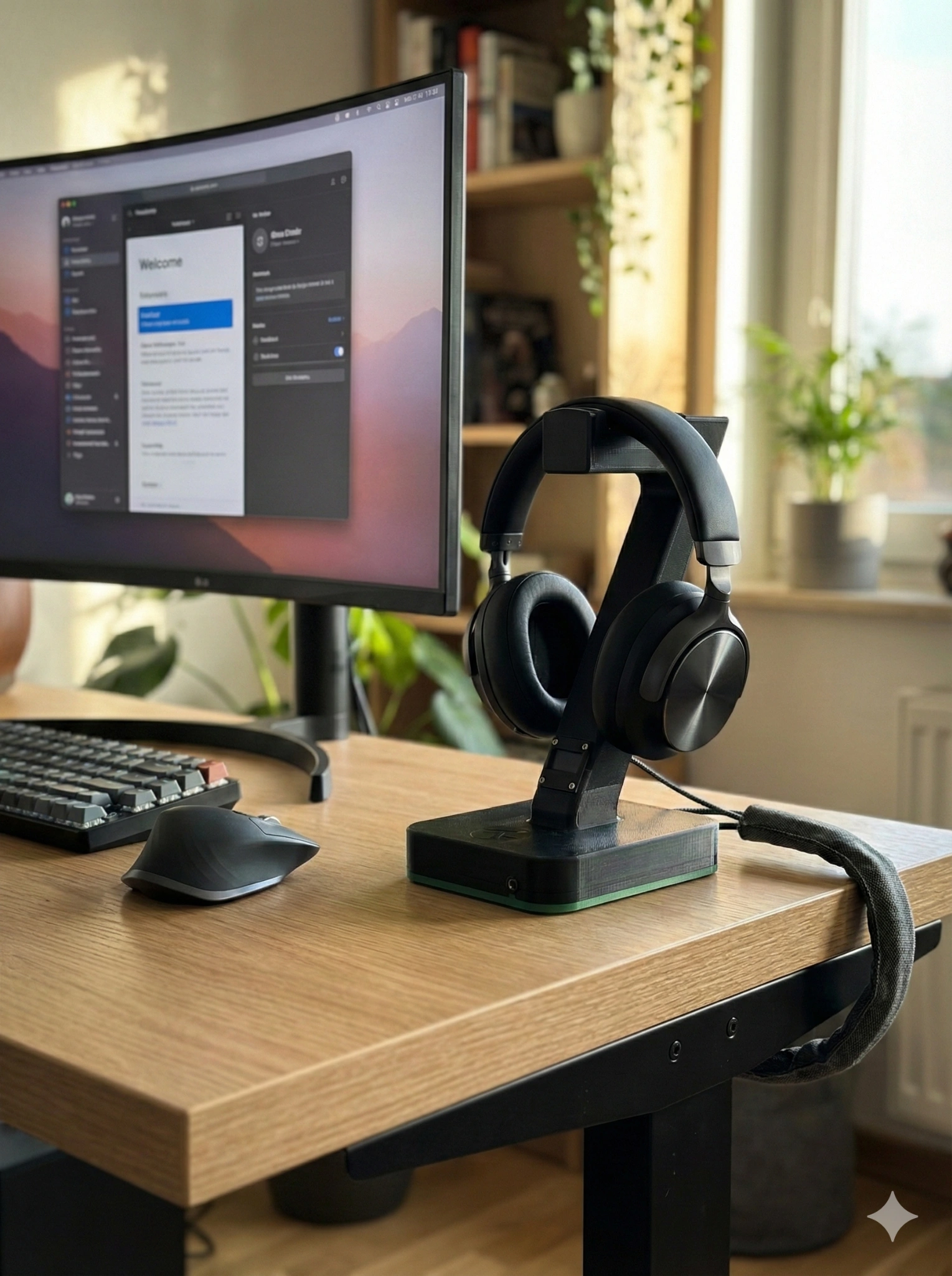 SmrtStand on a warm wood desk with a curved monitor