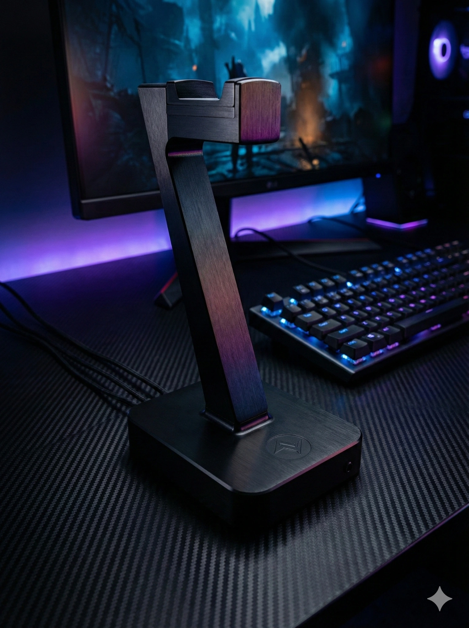 SmrtStand on a gaming desk with ambient purple lighting