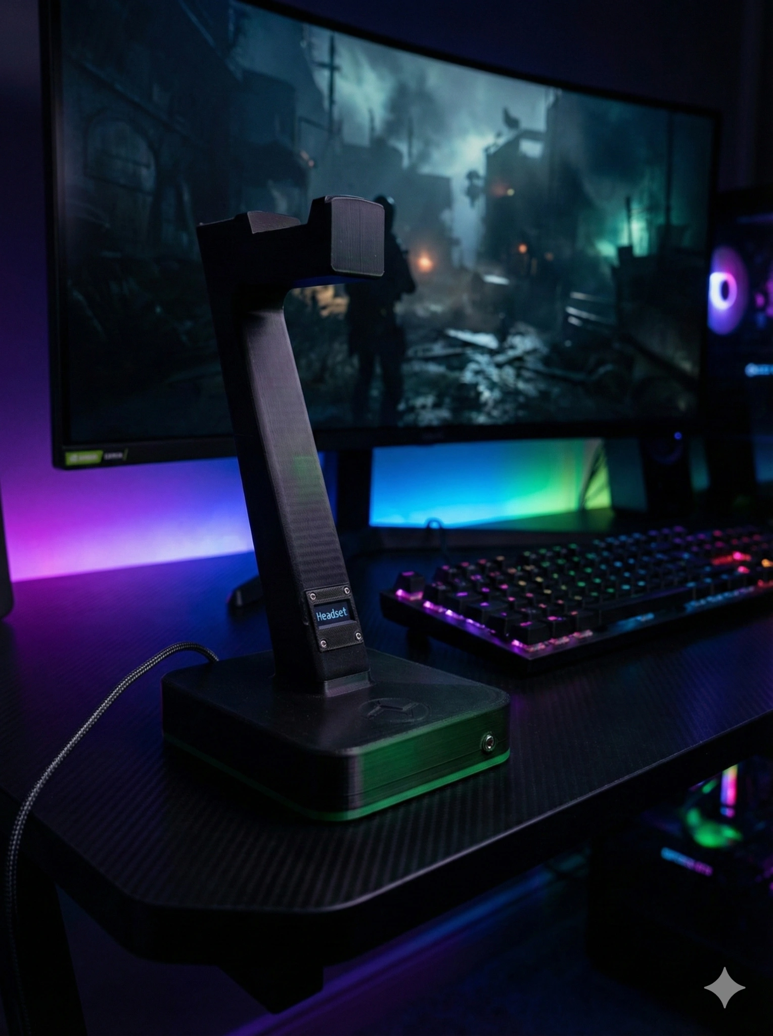 SmrtStand with green RGB base glow in a gaming setup
