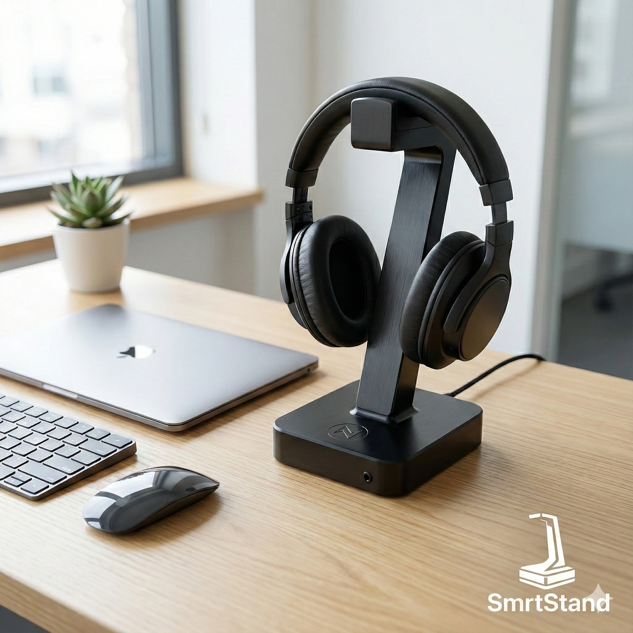 SmrtStand on a bright minimal desk beside a MacBook